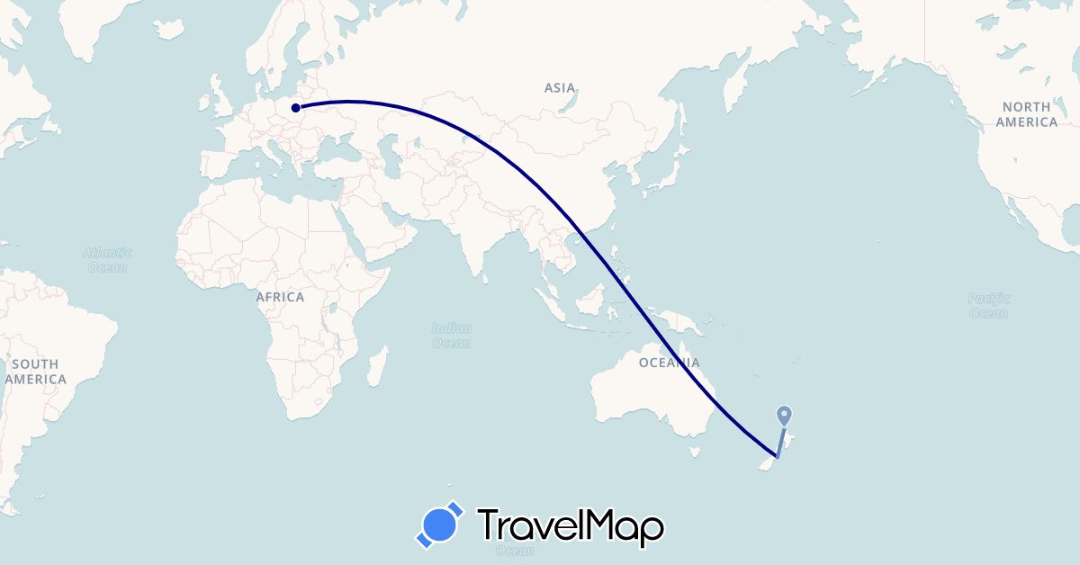 TravelMap itinerary: driving, cycling in New Zealand, Poland (Europe, Oceania)